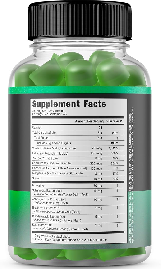 Thyroid Support For Women & Men (90 Gummies) Ashwaganda, Iodine, Bladderwrack, Kelp, & Schisandra - Support Supplement - Delicious Apple Flavor - Non-GMO, Vegan & Gluten-Free (90 Count)