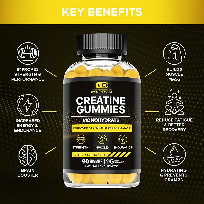 Effective Nutra Creatine Monohydrate Gummies - 1g Creatine per Gummy - Vegan Muscle & Strength Supplement for Men & Women - Supports Muscle Growth, Energy, Endurance - Lemon Flavor, Made in USA (90ct)