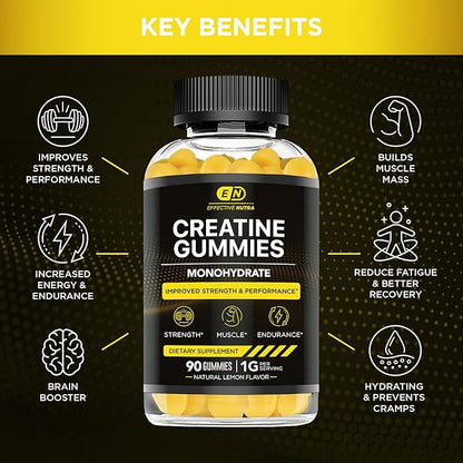 Effective Nutra Creatine Monohydrate Gummies - 1g Creatine per Gummy - Vegan Muscle & Strength Supplement for Men & Women - Supports Muscle Growth, Energy, Endurance - Lemon Flavor, Made in USA (90ct)
