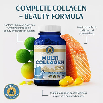 Vykee Nutrition Multi Collagen Capsules with Biotin + Hyaluronic Acid - Hair, Skin & Nail Support - Non-GMO, Gluten Free Dietary Supplement - 180 Capsules