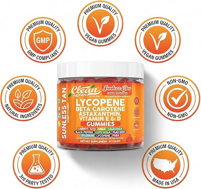 Sunless Glow Lycopene Beta Carotene Tanning Gummies Astaxanthin Vitamin C D E Flax Seed Selenium Amla l Tyrosine PABA Black Pepper 60 Count Strawberry Banana Flavor By Clean Nutra