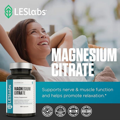 LES Labs Magnesium Citrate – Stress Relief, Restful Sleep, Heart Health, Metabolism, Nerve & Muscle Function – Non-GMO Supplement – 120 Capsules (Pack of 2)