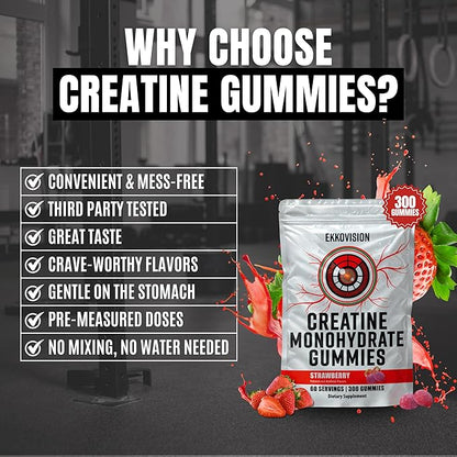 Ekkovision Creatine Monohydrate Gummies for Men and Women, Orange Citrus Flavor, Sugar Free Creatine Gummies for Pre Workout, Muscle Strength and Recovery, Vegan & Travel Friendly, 300 Ct, 60 Servings
