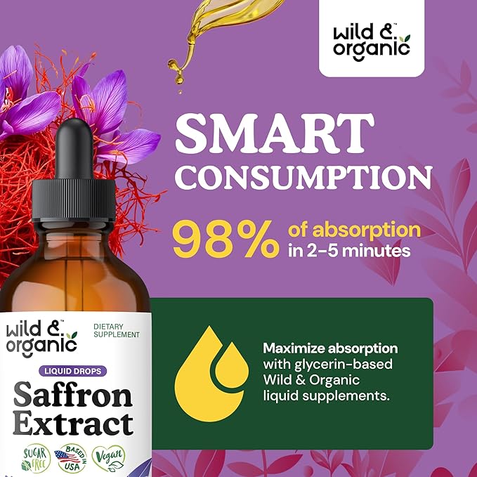 Wild & Organic Saffron Supplements 88.5 mg - 5-Month Supply - Saffron Extract Drops for Mood, Focus, Eye Support - Crocus Sativus Liquid Extract - Vegan, Alcohol & Sugar-Free Tincture - 4 fl oz