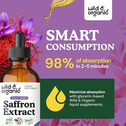 Wild & Organic Saffron Supplements 88.5 mg - 5-Month Supply - Saffron Extract Drops for Mood, Focus, Eye Support - Crocus Sativus Liquid Extract - Vegan, Alcohol & Sugar-Free Tincture - 4 fl oz