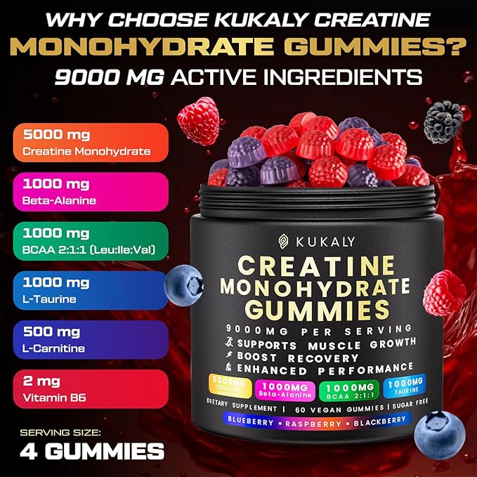 kukaly Creatine Monohydrate Gummies for Men & Women, Creatine Gummies Sugar Free, Mixed Flavored with L-Taurine, BCAA 2:1, B12 B6 for Boost Strength, Focus & Endurance, Vegan, Non-GMO, 60pcs