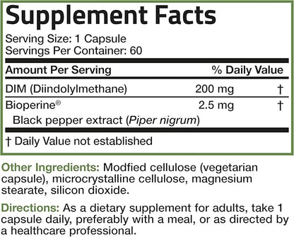 Bronson DIM 200 MG Supplement Diindolymethane with BioPerine for Enhanced Absorption, Estrogen Metabolism & Maintains Balanced Hormone Levels, 60 Vegetarian Capsules