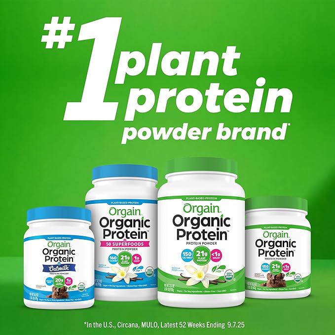 Orgain Organic Vegan Protein Powder, Vanilla Bean - 21g Plant Based Protein, 4g Prebiotic Fiber, No Lactose Ingredients, No Added Sugar, Non-GMO, For Shakes & Smoothies, 1.02 lb (Packaging May Vary)
