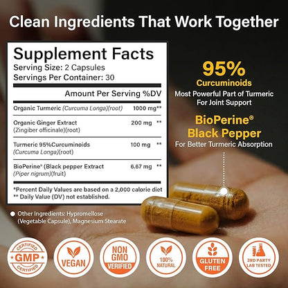 Sleeve Stars Turmeric Curcumin Supplement with Ginger & Black Pepper Bioperine, Joint Supplements for Men & Women, Joint Support & Inflammation Relief, Non-GMO Gluten-Free & Vegan, 1000mg 60 Cap