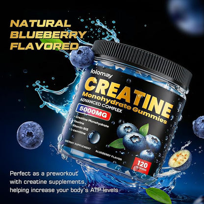 Creatine Gummies for Men & Women, 5-in-1 Complex with Taurine, L-Carnitine, Vitamin B12 & B6 Support Muscle, Strength & Recovery, 5g Creatine Monohydrate Gummies Post & Pre Workout Supplements, 120 Ct