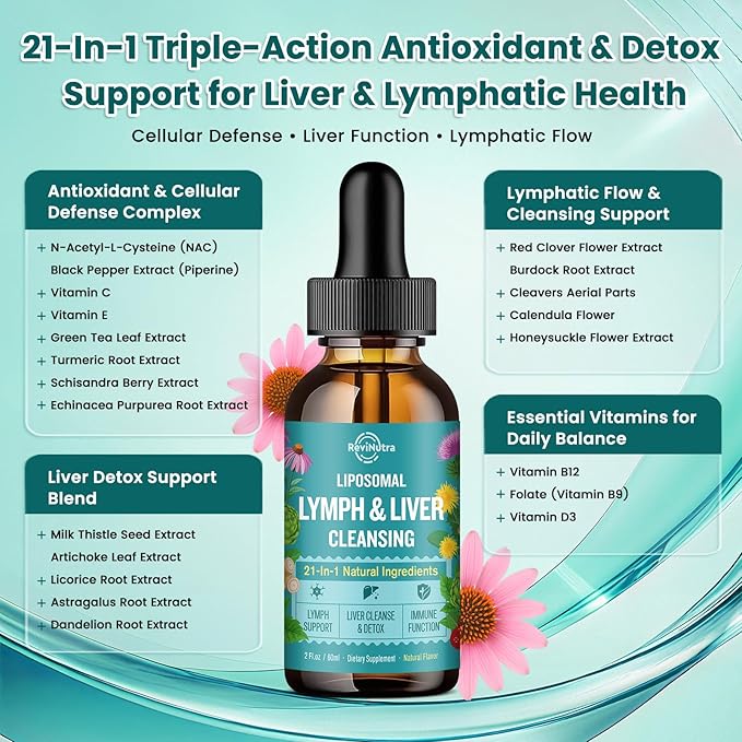 Liposomal Lymphatic Drainage Drops, Liver Cleanse Detox & Repair Liquid Supplement with Milk Thistle, Dandelion, Burdock Root & Echinacea - Lymph & Liver Detox, Antioxidant, Natural Flavor 2 Fl Oz