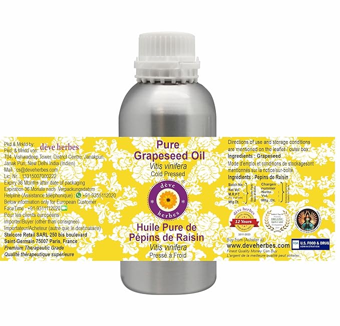 Deve Herbes Pure Grapeseed Oil (Vitis vinifera) 100% Natural Therapeutic Grade Cold Pressed 300ml (10.1 oz)