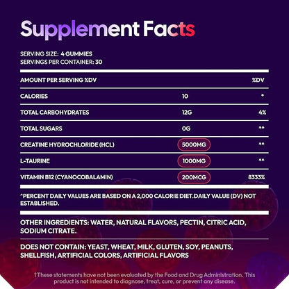 Creatine HCL Gummies for Women & Men - 120 Gummies 6200mg HCL Creatine Chews Advanced Complex with L-Taurine + Vitamin B12 for Muscle Strength, Energy Boost & Booty Gain Gummy - Mixed Berry Flavor