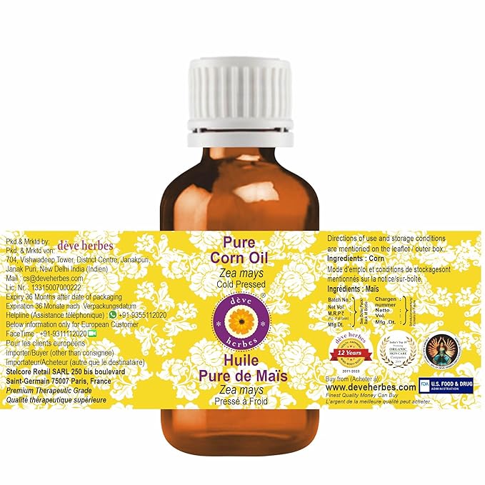 Deve Herbes Corn Oil (Zea mays) | Cold Pressed | Pure | Natural | Undiluted | for Diluting Essential Oils | for Skin & Massage | Non-Sticky | Lightweight | Men & Women | 100ml (3.38 oz)