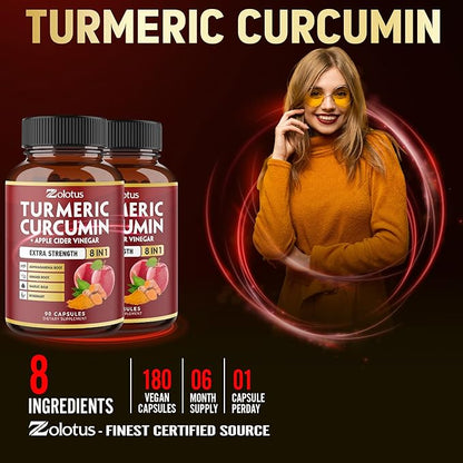 2packs 90 Capsules Turmeric Curcumin + Apple Cinder Vinegar Capsules, 6 Month Supply with Ashwagandha, Ginger, 95% Standardized Curcuminoids, Joint & Absorption Support
