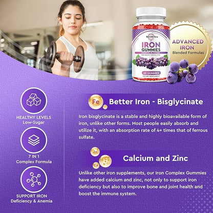 Iron Gummies - with Calcium, Zinc, Folate & Vitamin B12, C, B6 for Adults & Kids - Blood Builder & Energy Support for Iron Deficiency, Anemia, Vegan - Grape Flavour,60 Gummies
