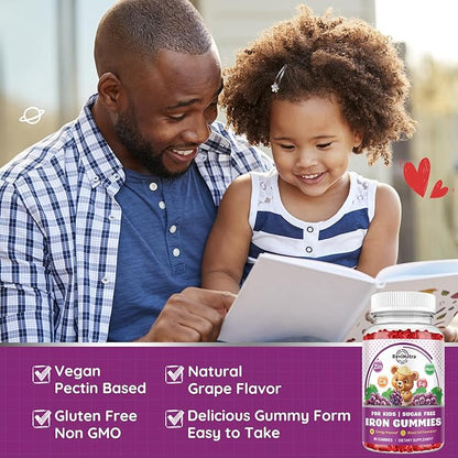 Iron Supplement Gummies for Kids - with Calcium, Zinc, Kids Multivitamin with Iron Gummies - Immune Support, Blood Builder & Energy Support for Iron Deficiency, Anemia, Vegan - 60 Count Grape Flavor