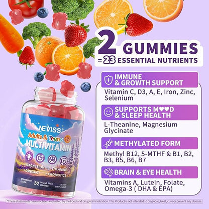 Teen Vitamins Methylated Multivitamin Gummies for Boys Girls 12-17 w/ Magnesium Glycinate, Omega-3, L-Theanine for Teens Kids Calm & Focus Gummies Supplement, 23-IN-1 Formula, Sugar Free, 120 ct
