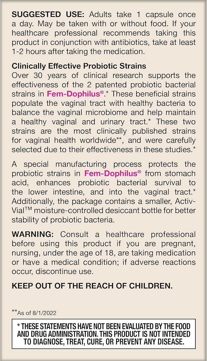Jarrow Formulas Fem-Dophilus Vaginal Probiotics 1 Billion CFU With 2 Science-Backed Strains, Dietary Supplement For Vaginal & Urinary Tract Support, 60 Capsules, 60 Day Supply, Shelf-Stable Probiotics