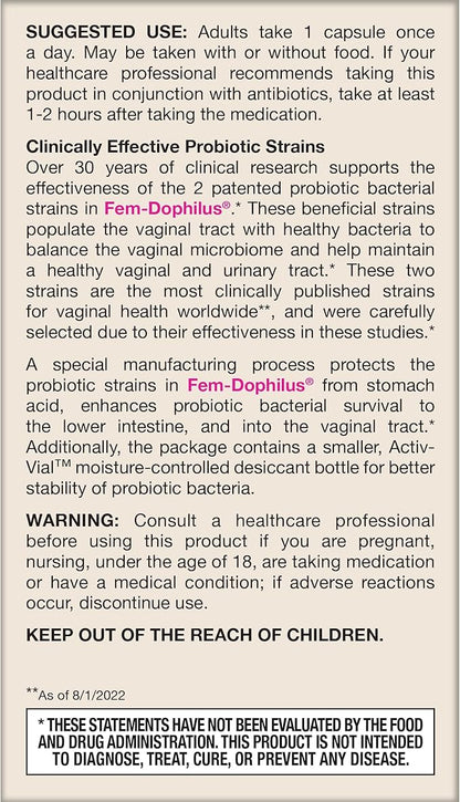 Jarrow Formulas Fem-Dophilus Probiotics 1 Billion CFU with 2 Science-Backed Strains, Dietary Suppl for Vaginal and Urinary Tract Supp,60 Veggie Caps,Up to a 60 Day Supply, Shelf-Stable,12 Packs
