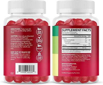 Apple Cider Vinegar Gummies - Organic ACV Vitamins for Digestive Health, Metabolism & Gut Support - 60 Count - Vegan, Non-GMO, Gluten-Free - Delicious Flavor & No Harsh Taste - 1 Month Supply