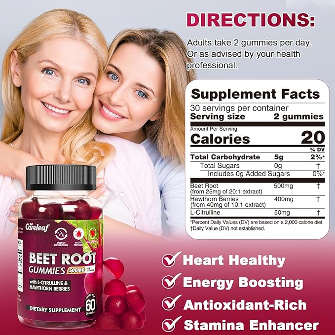 Sugar Free Vegan Beet Root Gummies for Blood Pressure, Beetroot Gummies with L-Citrulline and Hawthorn Extract, Peach Flavor Beet Chews for High Blood Pressure, 60 Count