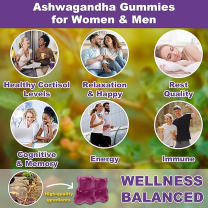 Ashwagandha Gummies - 10 IN 1 Organic Ashwaganda Gummies for Women & Men, with L Theanine, Vitamin B6, Black Pepper for Relaxation*, Cognitive, Immune, Zzz, Cortisol, Vegan, Berry Flavor - 60 Count