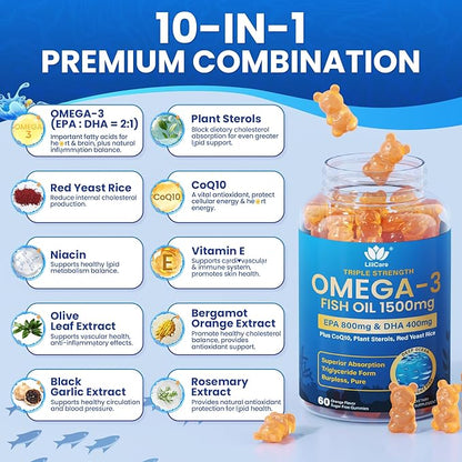 Fish Oil Omega 3 Gummies 1500mg for Adults - Triple Strength with EPA & DHA, COQ10, Red Yeast Rice - Wild Caught Omega 3 Fatty Acids Supplements for Hḙar-t & Brain - Sugar Free, Burpless, 120 Count
