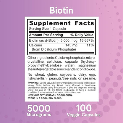 Jarrow Formulas® Biotin Ultra Strength 5000 mcg, Dietary Supplement, Hair, Skin, and Nails Support, 100 Veggie Capsules, Up to 100 Day Supply