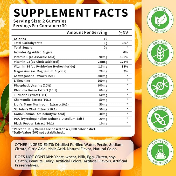 15-in-1 Cortisol Gummies, Cortisol Supplements with Magnesium Glycinate Ashwagandha Rhodiola Rose and L-theanine Complex for Relaxation, Zzz Support and Cortisol Levels, Orange Flavor, 120 Count