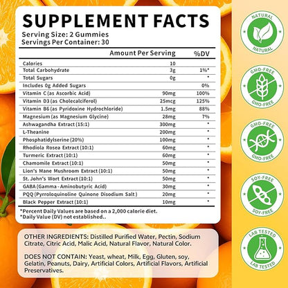 15-in-1 Cortisol Gummies, Cortisol Supplements with Magnesium Glycinate Ashwagandha Rhodiola Rose and L-theanine Complex for Relaxation, Zzz Support and Cortisol Levels, Orange Flavor, 120 Count