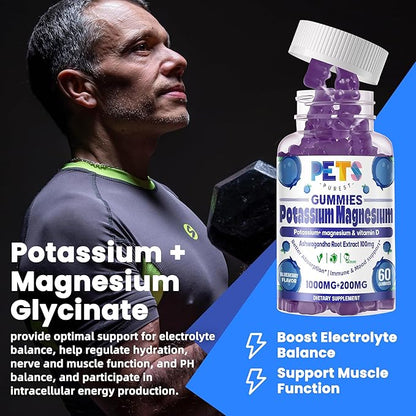Potassium Magnesium Gummies - High Absorption Magnesium Glycinate & Potassium Citrate Plus Omega 3, B6, D3, K2 & Calcium - Chewable Gummy for Leg Cramps, Immunity & Energy Blueberry 120 Gummies