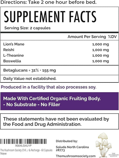 Chill Pill Supplement - Lion’s Mane, Reishi, L-Theanine, Boswellia & Beta-Glucans - Relax, Recover & Recharge - 60 Vegan Capsules