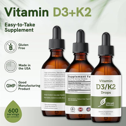 Ultra6 Nutrition Vitamin D and K2 Drops - Liquid Vitamin D3 with K2 Supplements for Adults - Easy-to-Take, Flavor-Free, Highly Absorbable VIT D3 and K2 Supplements, Made in USA (30 ml)