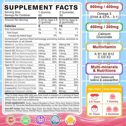 Nextdia Omega 3 (EPA/DHA) Filled Gummies for Kids Teen with Multivitamin, Calcium + D3 + K2 + Zinc, Plus Vitamin A B1 B2 B12 C, Selenium, Iodine for Brain, Eye, Bone, Energy, No Fish Taste, Sugar Free
