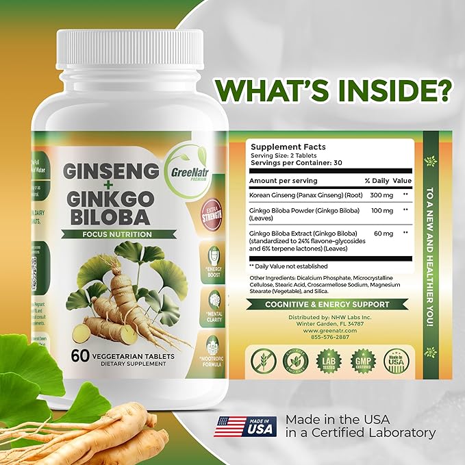 GreeNatr Ginko Biloba & Panax Ginseng Supplement - Red Ginseng for Memory and Focus - Ginkgo Biloba for Good Vision, Immune System and Improved Blood Flow (360 Tablets: 6 Bottles)