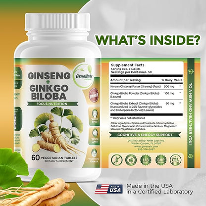 GreeNatr Ginko Biloba & Panax Ginseng Supplement - Red Ginseng for Memory and Focus - Ginkgo Biloba for Good Vision, Immune System and Improved Blood Flow (360 Tablets: 6 Bottles)