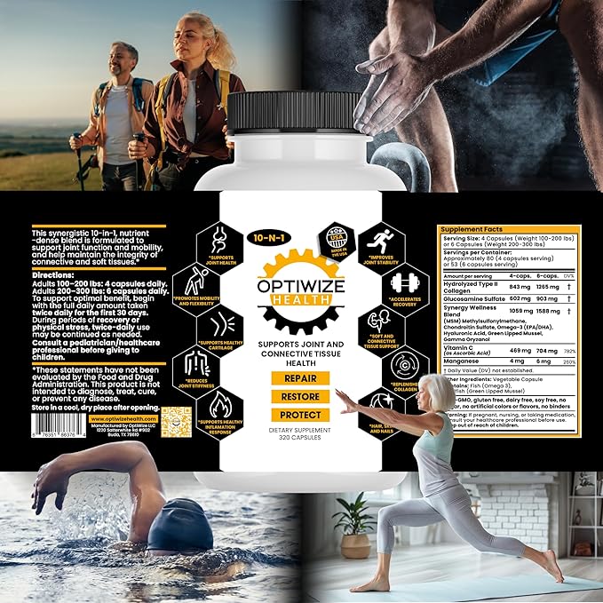 OptiWize 10-N-1 Joint Support Hydrolyzed Collagen,MSM, Hyaluronic Acid, Glucosamine,Chondroitin & More- Targets Joint Discomfort, Improves Mobility & Flexibility 320 Caps for Men & Women Made in USA