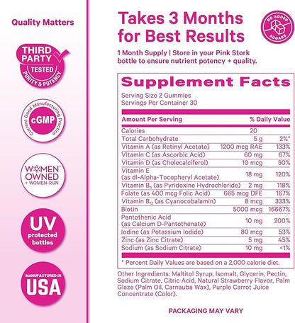 Pink Stork Total Glow Gummies for Women – Hair, Skin & Nails Vitamin with Biotin, Vitamin A, B6, B12, Folate, Zinc & More – Support for Radiant Skin, Strong Nails, and Healthy Hair – 60 Berry Gummies