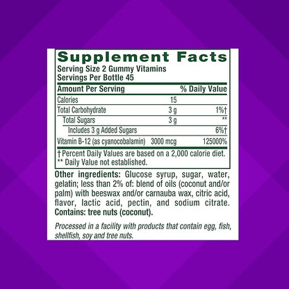 vitafusion Extra Strength Vitamin B12 Gummies, Supports Energy Metabolism and Nervous System Health Support, Gummy Vitamin Supplement for Women and Men, Cherry Flavor, 45 Day Supply, 90 Count