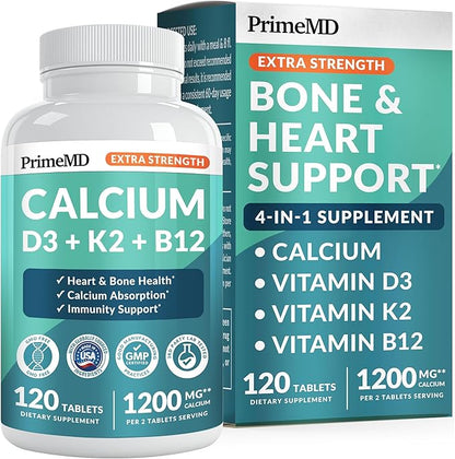 4-in-1 Calcium 1200 mg with Vitamin D3 Supplements for Women and Men - Calcium Extra Strength with Vitamin D3 K2 5000 IU Supplement,1200 mg per Serving - Vegan-Friendly - (120 Count) (Pack of 1)
