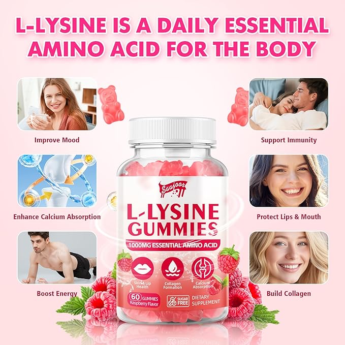 L-Lysine 1000mg Gummies for Immune Support & Skin Health - Vegan, Gluten Free Amino Acid Supplement for Adults, Raspberry Flavor, 120 Gummies