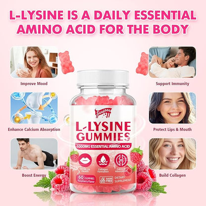 L-Lysine 1000mg Gummies for Immune Support & Skin Health - Vegan, Gluten Free Amino Acid Supplement for Adults, Raspberry Flavor, 120 Gummies