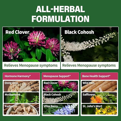 Red Clover Extract Menopause Support Drops for Women Health Balance, Dong Quai & Black Cohosh Supplement Tincture for Hot Flashes Relief, Bone Health Support w/Wild Yam. 2oz