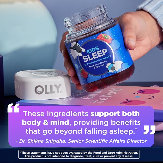 OLLY Kids Sleep Gummy, 0.5mg Melatonin, L Theanine, Chamomile, and Lemon Balm, Childrens Chewable Supplement, Raspberry - 50 Count