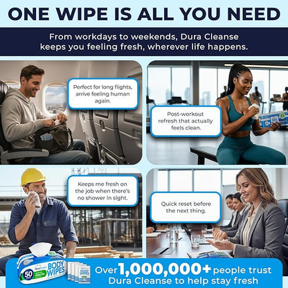 Dura Cleanse Body Wipes for Adults Bathing - (2 Pack) 100 XL No Rinse Bath Wipes + 8 Travel Shower Sheets - 10 x 11.5" Extra Thick Disposable Washcloths for Elderly Incontinence & Camping Essentials