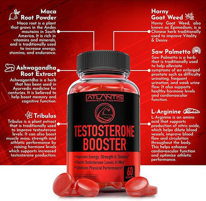 Atlantis Nutrition Testosterone Booster Gummies For Men - Enhances Strength & Stamina - Optimizes Performance & Male Enhancement - Tribulus, Goat Weed Extract, Maca Root Extract | 2-Pack (120 Gummies)