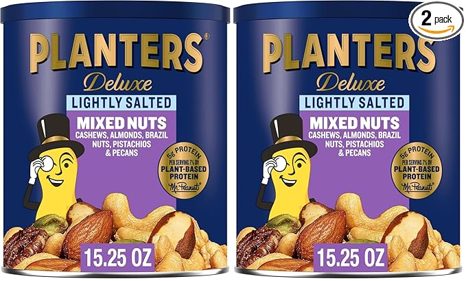 PLANTERS Deluxe Lightly Salted Mixed Nuts, Party Snacks, Plant-Based Protein 15.25oz (1 Canister) (Pack of 2)