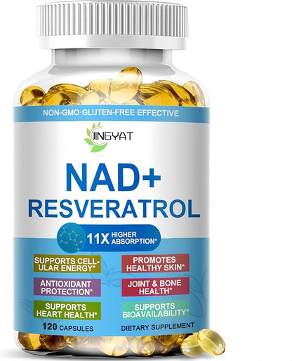 11-in-1 NAD Supplement with Resveratrol, CoQ10, Quercetin, Collagen, Grape Seed for Cellular Energy, Mental Focus & Antioxidant Support - NAD Supplement for Women & Men, 120 Soft Capsules