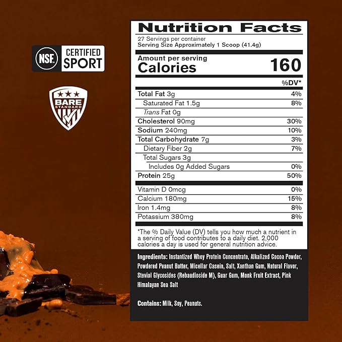 BARE PERFORMANCE NUTRITION, BPN Whey Protein + Casein Protein Powder Blend, Chocolate Peanut Butter, 25g Protein per Serving Supports Lean Muscle Recovery, 27 Servings, Third Party Tested